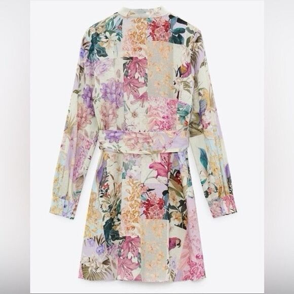 ZARA Floral Patchwork Linen Blend Long Sleeve Mini Dress Small 2725/119/330 - Picture 4 of 16